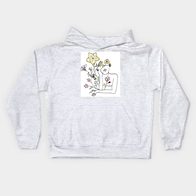 Drawing of woman's siluette and watercolor flowers Kids Hoodie by CreationsByAme